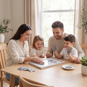 Family pressing painted handprints onto the Everhand frame at the dining table