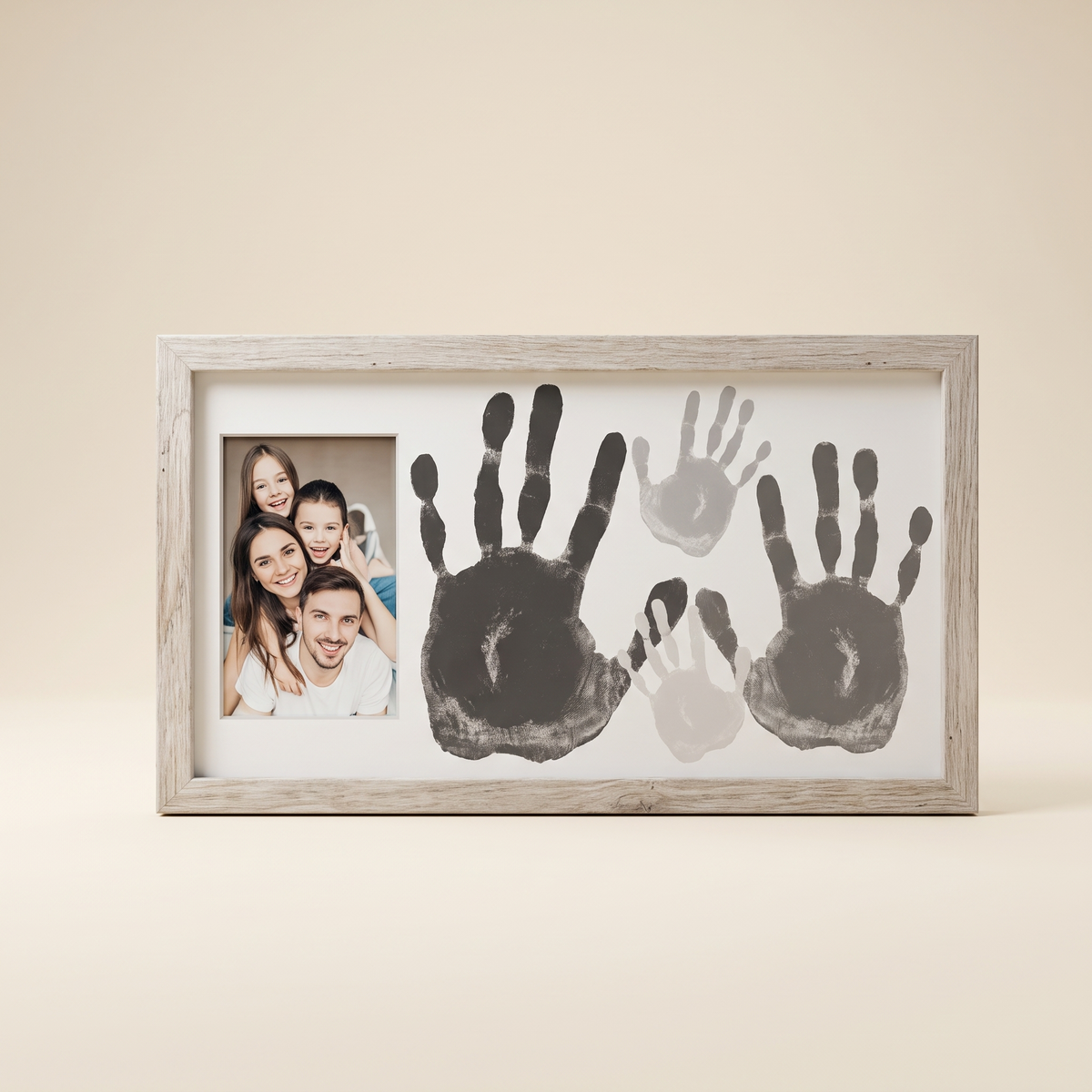 Everhand family handprint frame kit — wood frame with four painted handprints and family photo on cream background