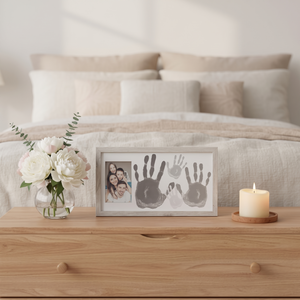 Everhand handprint frame styled on bedroom dresser with peonies and candle