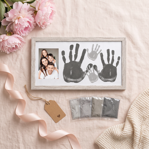 Everhand handprint frame kit as a Mother's Day gift with ribbon and flowers flat lay