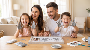 Family of four laughing with painted hands while creating their Everhand handprint frame together